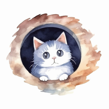 Cute cat in a hole. Hand drawn watercolor illustration.のイラスト素材