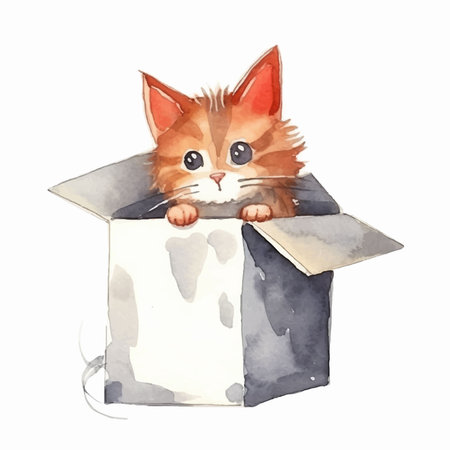 Cute kitten in a box. Watercolor illustration on white background.のイラスト素材