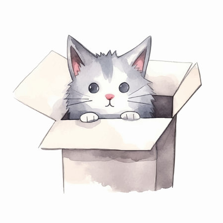 Cute cat in a box. Watercolor illustration on white background.のイラスト素材