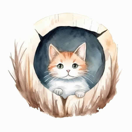 Cute cat in a hole. Hand drawn watercolor illustration.のイラスト素材