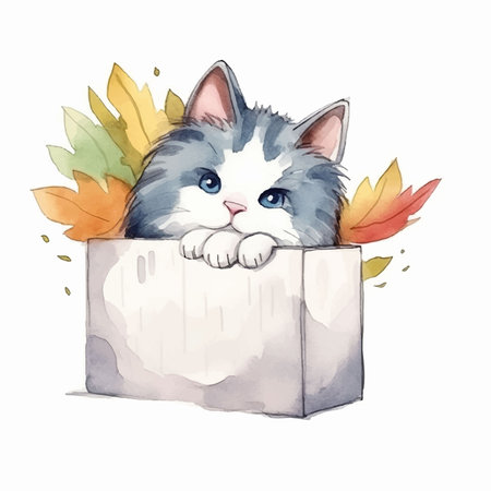 Watercolor cute cat in a box with autumn leaves on a white backgroundのイラスト素材