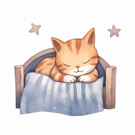 Cute cartoon cat sleeping on the bed. Watercolor illustration.のイラスト素材