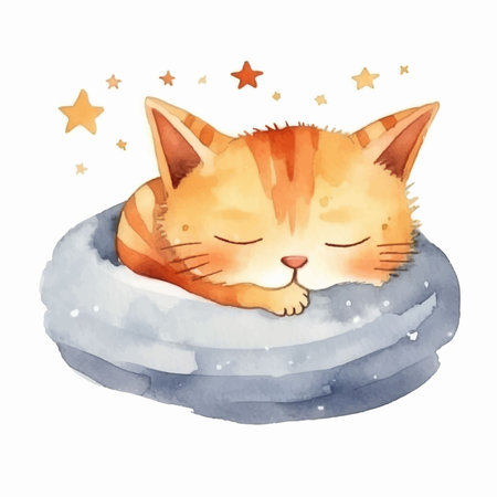 Cute ginger cat sleeping on the pillow. Watercolor illustration.のイラスト素材