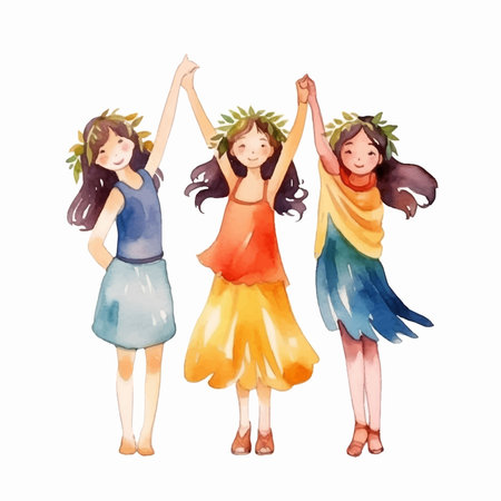 Watercolor illustration of three beautiful girls with wreaths on their headsのイラスト素材