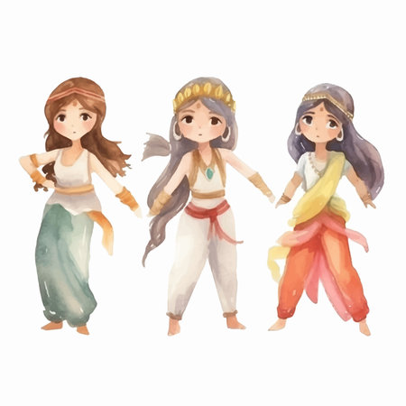 Watercolor illustration of Indian girls in traditional clothes. Isolated on white background.のイラスト素材