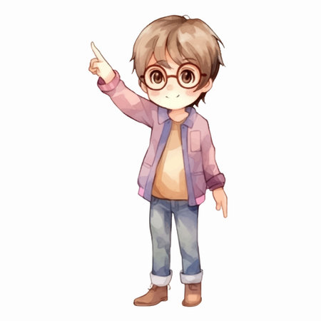 cute boy wearing medical mask and pointing finger on white background illustration