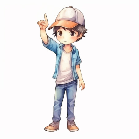 Cartoon illustration of a boy in jeans and a cap pointing upのイラスト素材