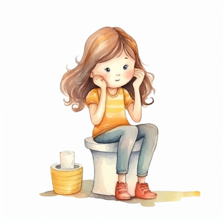 Illustration of a cute little girl sitting on the toilet and cryingのイラスト素材