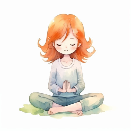 Illustration of a cute little girl meditating with her eyes closedのイラスト素材