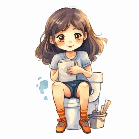 Cute little girl sitting on the toilet. Watercolor illustration.のイラスト素材