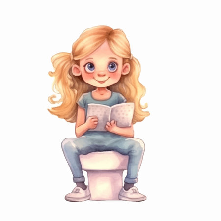 Cute little girl sitting on the toilet and reading a book. Watercolor illustrationのイラスト素材