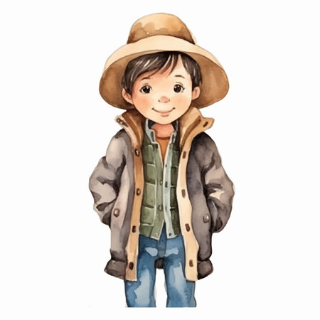 Cute little boy in a hat and coat. Watercolor illustrationのイラスト素材