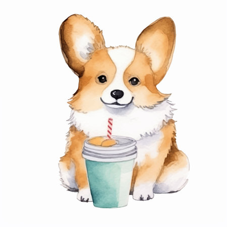 Cute Corgi dog with a cup of coffee. Watercolor illustrationのイラスト素材