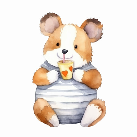 Cute cartoon hamster with a glass of milk. Watercolor illustrationのイラスト素材