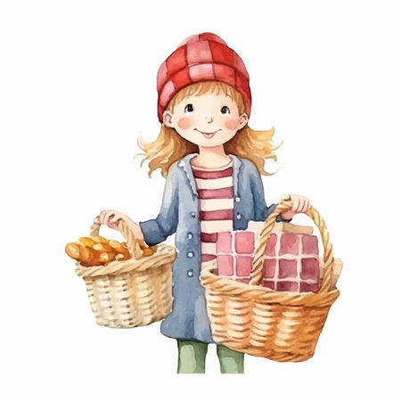 Cute little girl with a basket of bread. Watercolor illustrationのイラスト素材