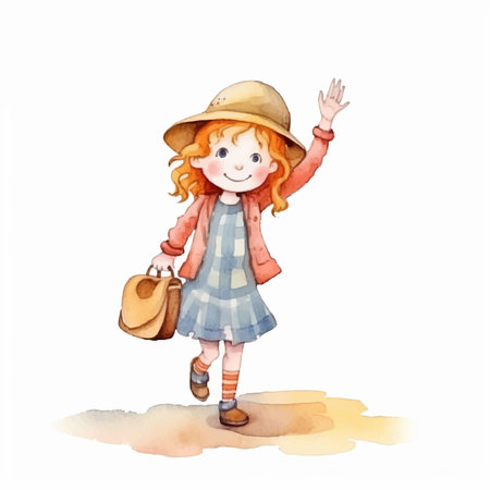Watercolor illustration of a cute girl in a straw hat with a suitcase.のイラスト素材