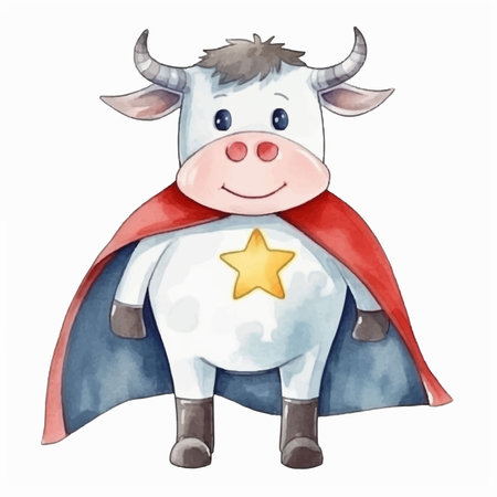 Watercolor illustration of a cute cow in a red cape and a star.のイラスト素材