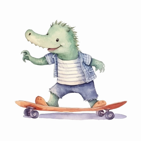 Cute crocodile on a skateboard. Watercolor illustration.のイラスト素材
