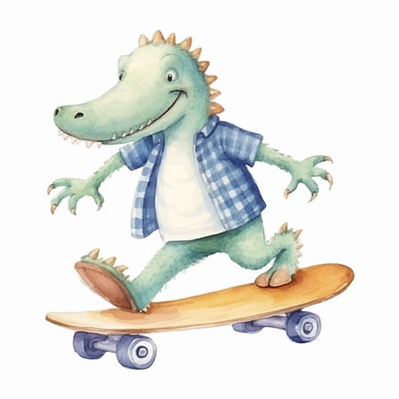 Cute crocodile rides on a skateboard. Watercolor illustration.のイラスト素材