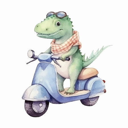 Cute crocodile on scooter. Watercolor illustration isolated on white backgroundのイラスト素材