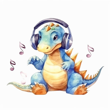 Cute watercolor crocodile listening to music in headphones. Vector illustrationのイラスト素材