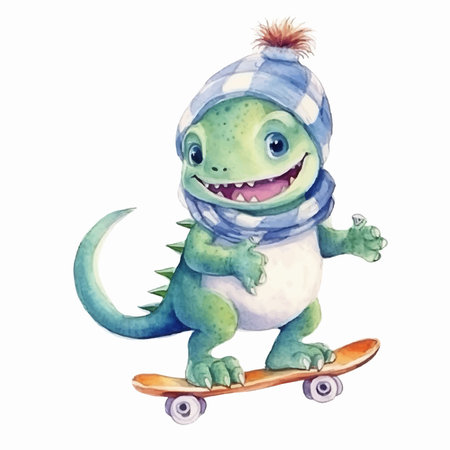 Watercolor illustration of a cute little dinosaur on a skateboard.のイラスト素材