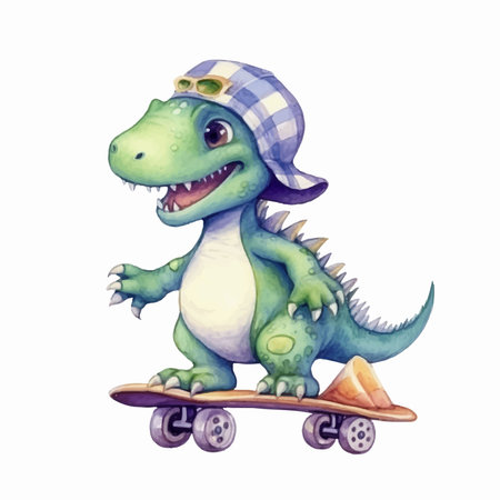 Watercolor cute crocodile on skateboard isolated on white background.のイラスト素材