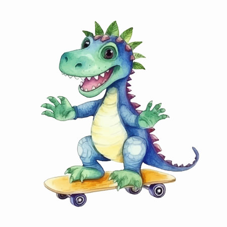 Cute cartoon dinosaur on a skateboard. Watercolor illustration.のイラスト素材