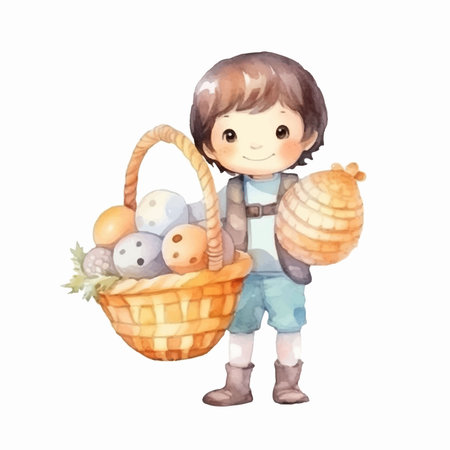 Cute little boy with basket of eggs. Watercolor illustration.のイラスト素材