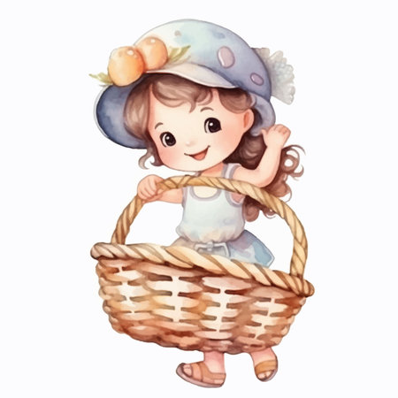 Cute little girl in a hat with a basket. Watercolor illustrationのイラスト素材