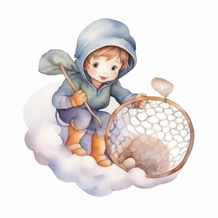 Cute little boy in a hat and scarf with a magic wand. Watercolor illustrationのイラスト素材