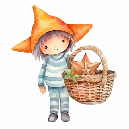 cute little boy in a witch costume with a basket of sweetsのイラスト素材