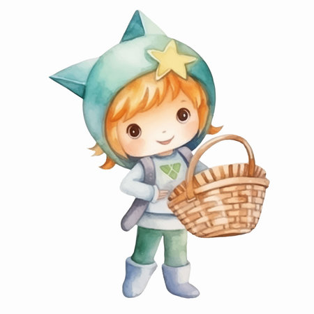 Cute little boy with a wicker basket. Watercolor illustration.のイラスト素材