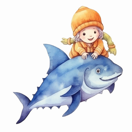 Watercolor illustration of a cute little girl in a warm hat with a big fish.のイラスト素材