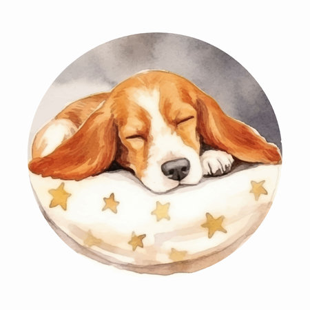 Cute watercolor illustration of a beagle dog sleeping on a pillowのイラスト素材