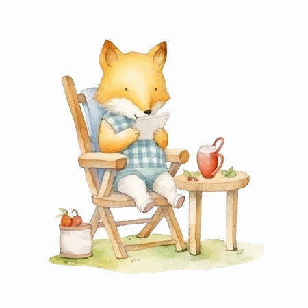 Cute fox sitting on a chair and reading a book. Watercolor illustrationのイラスト素材