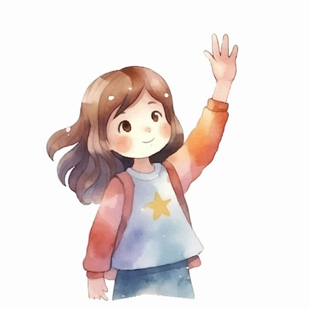 A watercolor illustration of a girl waving her hand to the cameraのイラスト素材