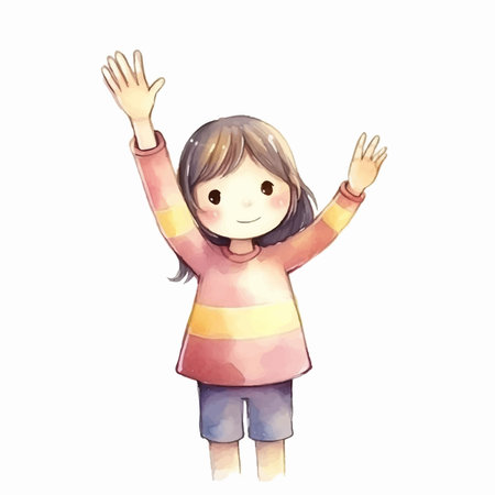 Illustration of a little girl raising her hands in the air.のイラスト素材