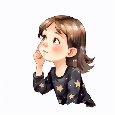 Illustration of a Cute Girl Thinking About Something on a White Backgroundのイラスト素材