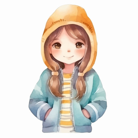 Cute little girl in warm winter clothes. Watercolor illustration.