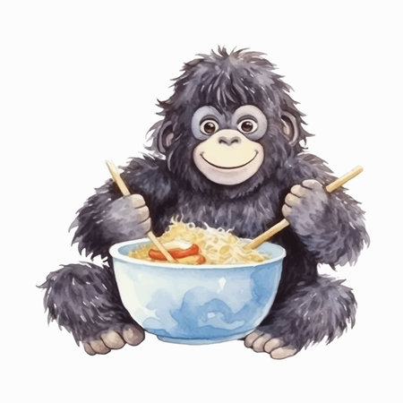 Watercolor illustration of a gorilla eating noodles. Isolated on white background.のイラスト素材