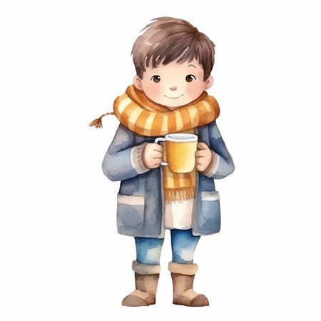 Cute boy in winter clothes with a cup of hot drink. Watercolor illustration.のイラスト素材