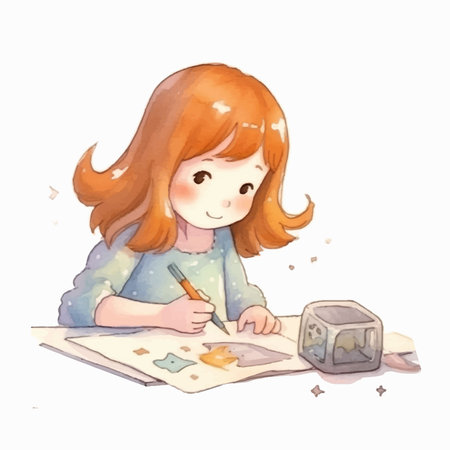 Illustration of a little girl painting with watercolors at homeのイラスト素材