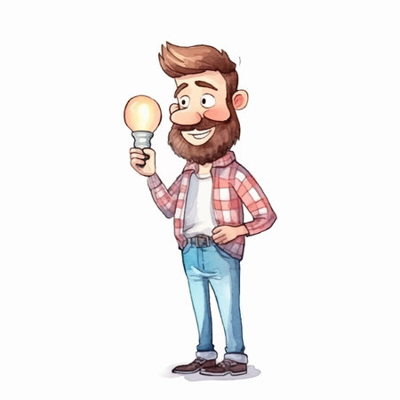 A man with a beard and a plaid shirt is holding a light bulb.のイラスト素材