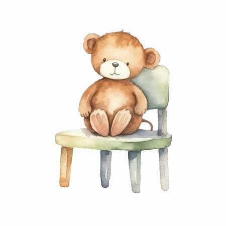 Teddy bear sitting on a chair. Watercolor hand drawn illustrationのイラスト素材