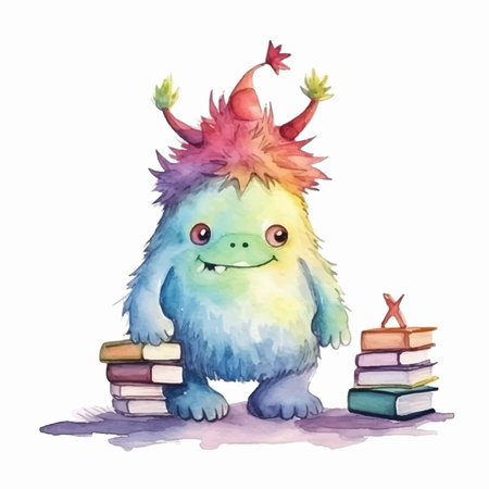 Funny monster with books. Watercolor illustration isolated on white backgroundのイラスト素材