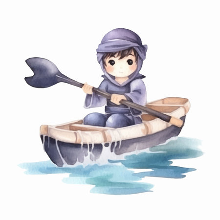 Watercolor illustration of a boy in a boat on the lake.のイラスト素材