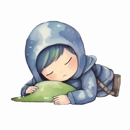 Illustration of a little girl sleeping in a raincoat with a pillowのイラスト素材