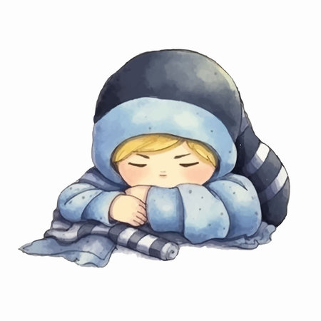 Illustration of a sleeping boy in a blue hat and scarf.のイラスト素材