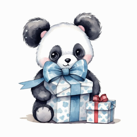 Cute panda bear with gift box. Watercolor illustration.のイラスト素材